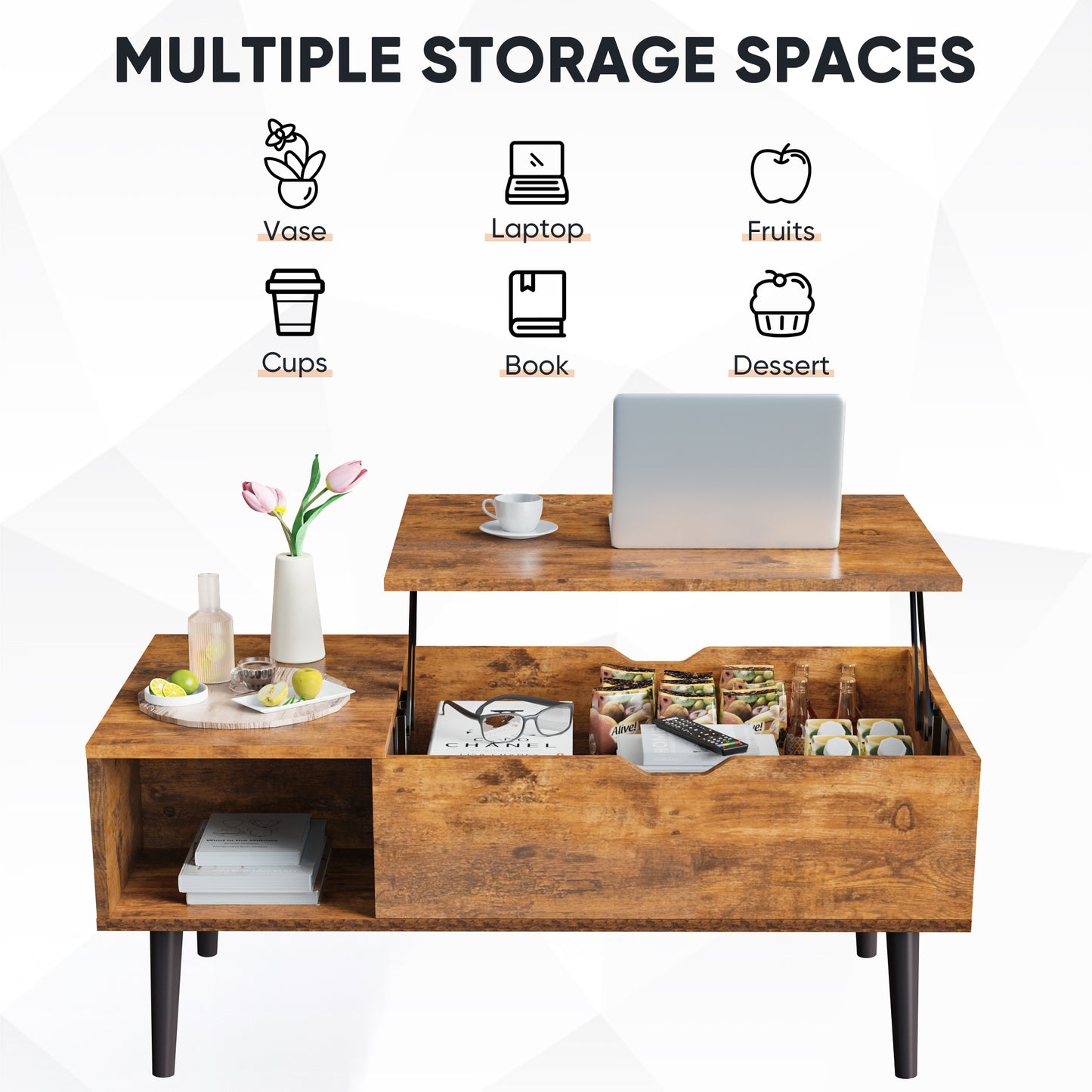 Lift Tabletop Coffee Tables For Living Room With Storage Shelf And Hidden Compartment