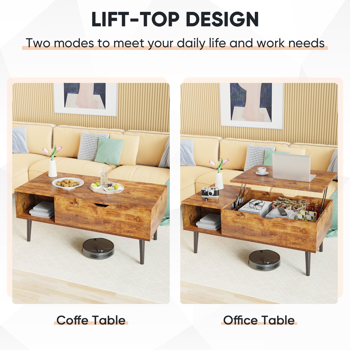Lift Tabletop Coffee Tables For Living Room With Storage Shelf And Hidden Compartment